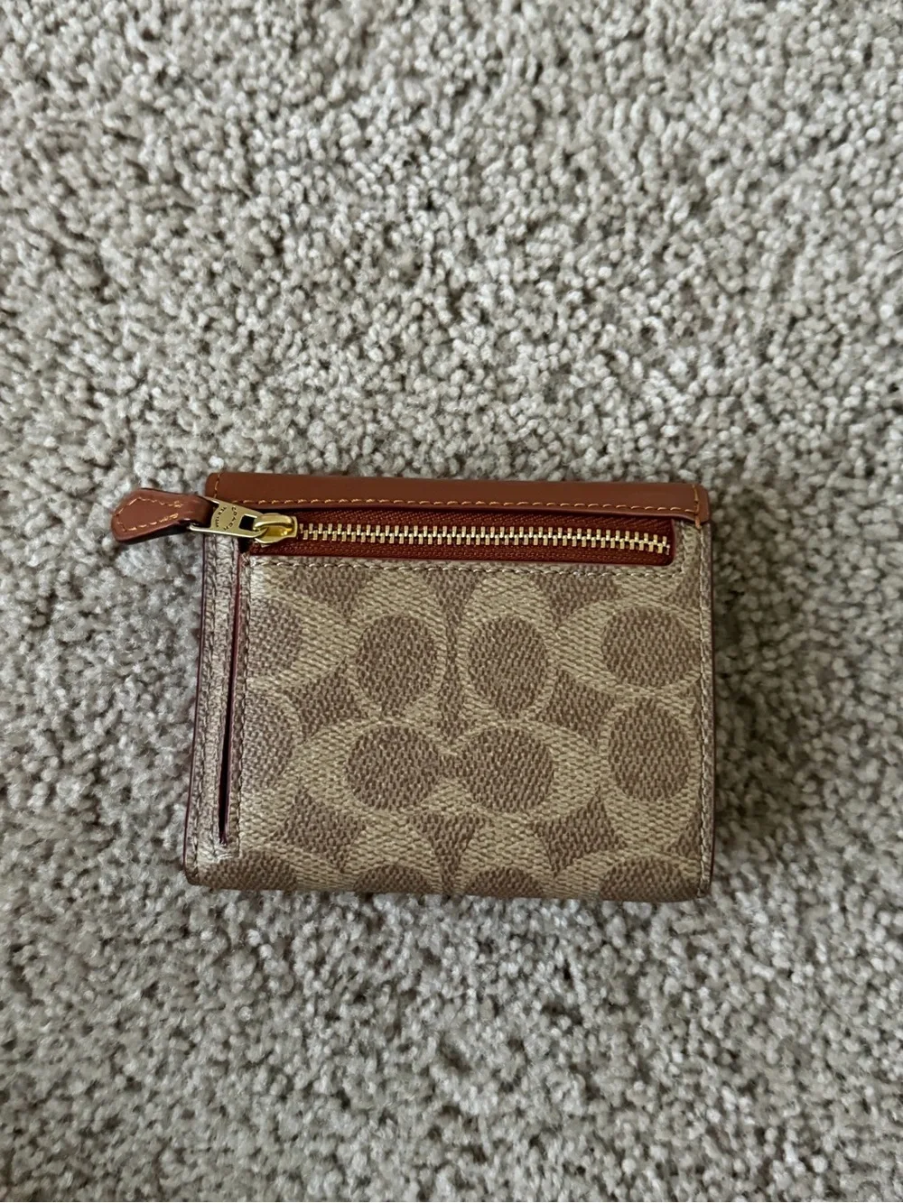Coach Compact Signature Card Case with Brown Leather Flap
